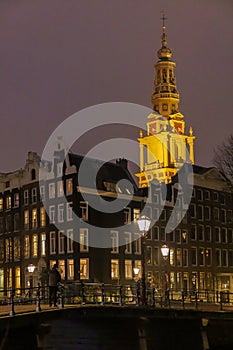 The tower of the Zuiderkerk in Amsterdam at night