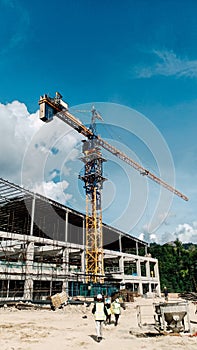 Towercrane, blue sky, building, tree