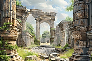 Archways Amidst Forest Ruins AI Generated photo