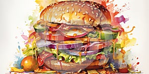 A towering burger in a watercolor painting that captures the heartiness and indulgence of a classic burger