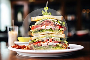 a towering clubhouse sandwich under bright, soft light