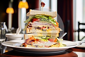 a towering clubhouse sandwich under bright, soft light