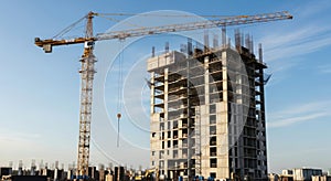 Towering construction crane overseeing a skyscraper under development