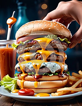 Towering Deluxe Cheeseburger with Fries