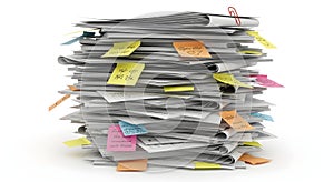 Overwhelmed by Paperwork: Stack of Documents with Sticky Notes