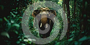 A towering elephant gently maneuvering through the dense forest , concept of Calm agility