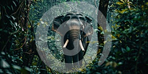 A towering elephant gently maneuvering through the dense forest , concept of Calm agility