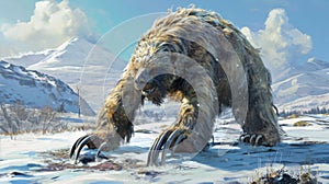 A towering giant ground sloth its long claws digging into the frozen ground as it searches for plant life in the barren