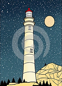 Towering Lighthouse with Moon and Starry Sky Vector Art