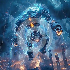 Towering mecha stands amidst tumultuous electric storm its dark light hues glowing power it reaches out tempestuous sky. photo