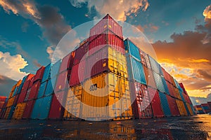 Towering multicolored cargo containers at freight yard during golden hour. Generative AI