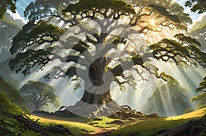 a towering oak tree with ancient roots sprawling atop a serene mountain.