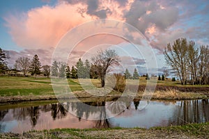 Towering pink sunset cloud over a golf course in Swift Current, SK, Canada photo