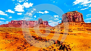 The towering red sandstone formations of Sentinel Mesa, West Mitten and Merrick Buttes