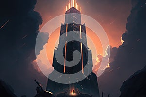 towering skyscraper with a glowing logo at the top digital art poster AI generation