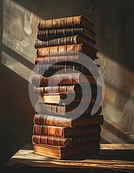 Stack of Antique Books in Dramatic Light