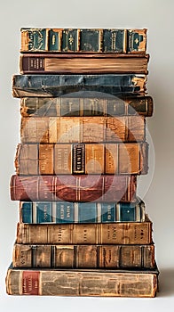 A towering stack of classic antique books. Aged hardcovers with weathered spines. Concept of historical literature, time