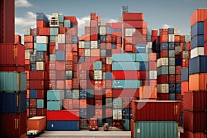 A towering stack of numerous containers arranged vertically, forming a massive structure, Shipping Containers Stacked High in a