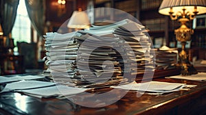 A towering stack of papers dominates the rustic wooden desk, creating an impressive display of work and information