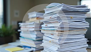 Towering stack paperwork documents office setting. Pile of files paperwork on table. Records storage. Documents on desk.