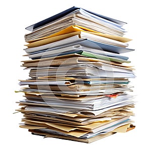 Towering stack of paperwork and files isolated on white background