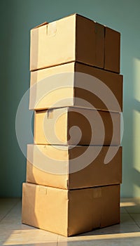 A towering stack of used cardboard boxes ready for recycling , neat, pile