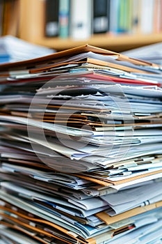 A towering stack of various documents and folders on a desk