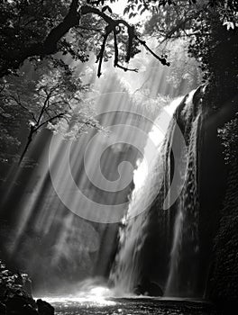 A towering, thundering waterfall plunges through a rugged, forested landscape, its crashing waters creating a photo