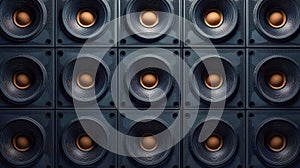 A towering wall of professional subwoofers, arranged in a grid pattern, front view