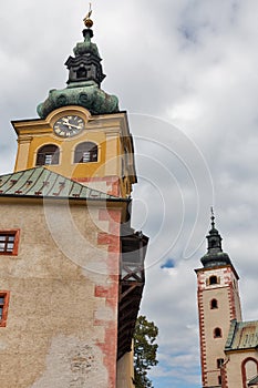 Towers of Banska Bystrica Castle and Virgin Mary Church, Slovakia.