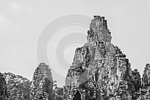 Towers at Bayon Temple in Angkor Tom, Siem Reap, Cambodia in B&W