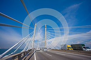 Towers of Bridge connecting George Town on Penang island and Seberang Prai on mainland of Malaysia through straits of Malacca