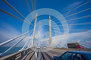 Towers of Bridge connecting George Town on Penang island and Seberang Prai on mainland of Malaysia through straits of Malacca