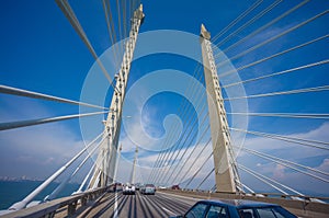 Towers of Bridge connecting George Town on Penang island and Seberang Prai on mainland of Malaysia through straits of Malacca