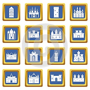 Towers and castles icons set blue