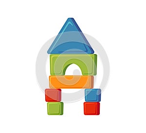 Towers of children toy blocks. Multicolored kids bricks for building and playing.