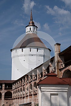 Towers and defense walls of Kirillo-Belozersky monastery. Monastery of the Russian Orthodox Church,.located within the city of Kir