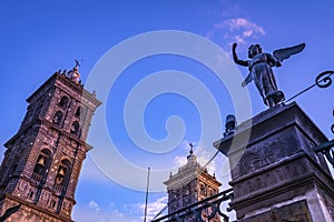 Towers Facade Angels Outside Sunset Puebla Cathedral Mexico