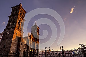 Towers Facade Angels Outside Sunset Puebla Cathedral Mexico