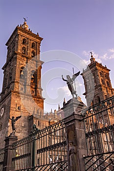 Towers Facade Angels Outside Sunset Puebla Cathedral Mexico