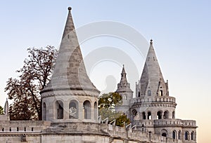 Towers of Fisherman Bastion at sunrise, Budapest, Hungary