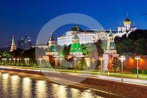 Towers and Grand palace of Moscow Kremlin at night, Russia