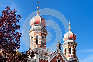 Towers of the Great synagogue against blue Sky, plzen, Czech republic