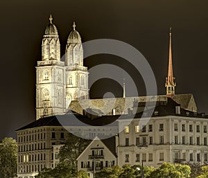 Towers of the Grossmunster Cathedral in Zurich, HDR