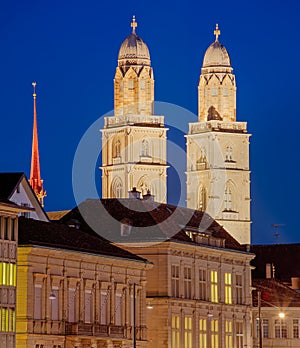 Towers of the Grossmunster Cathedral in Zurich, HDR