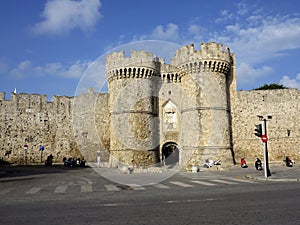 Towers guards the entrance outside the city walls, Rhodes, Greece