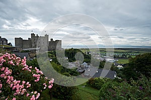 The towers of Harlech Castle, north Wales, in a cloudy day,