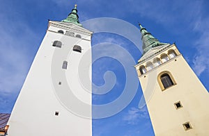 Towers of the historic cathedral in the center of Zilina