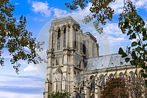The towers of the magnificent Notre Dame Cathedral on the Ile de la Cite in Paris, France