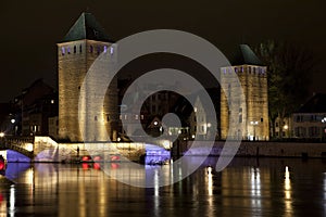 Towers of medieval bridge Ponts Couverts in Strasbourg, France